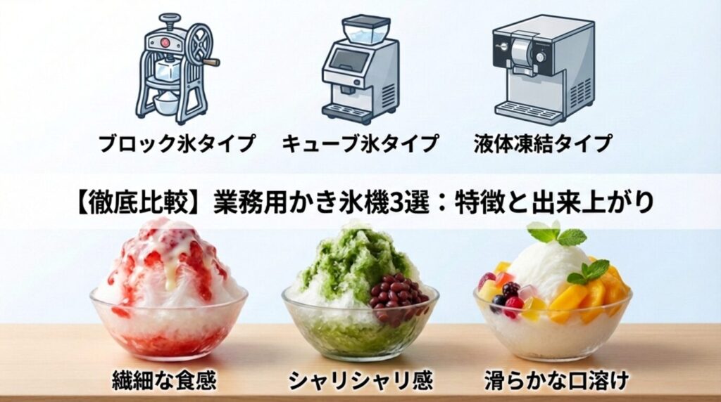 業務用かき氷機の選び方｜ブロック氷式・キューブ氷式・液体凍結式の3タイプ徹底比較
