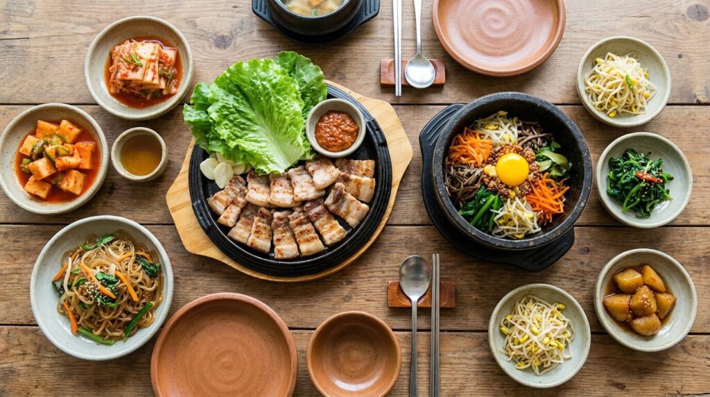韓国料理店のテーブルに並ぶビビンバとサムギョプサル
