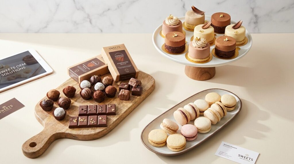 ケーキ、クッキー、チョコレートなど多様なスイーツ