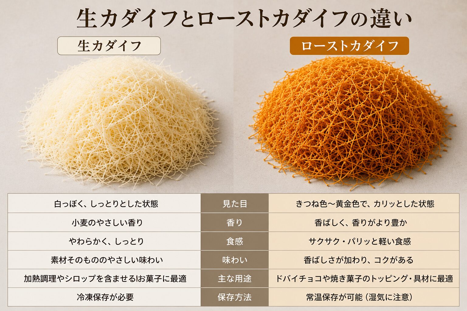 生カダイフとローストカダイフの違いを比較したイメージ